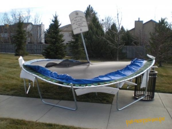 Trampoline + Strong Wind + Sign = This