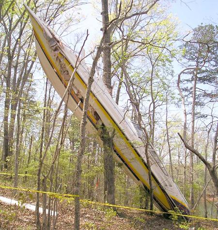 Rennboot steckt im Wald
