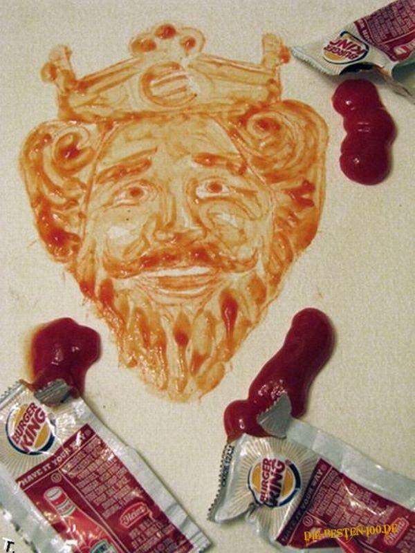 Die besten 100 Bilder in der Kategorie kunst: Tomaten-Ketchup-Kunst auf Tisch