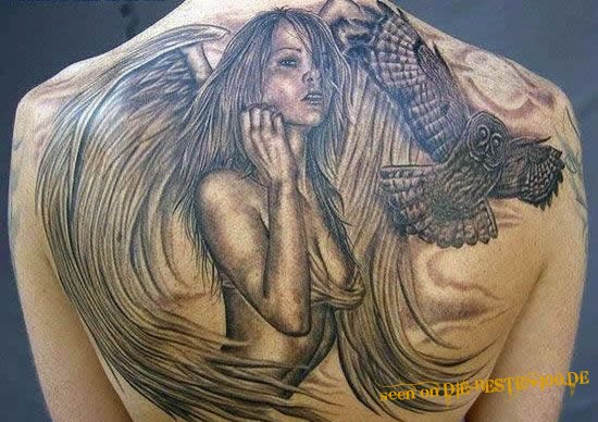 Engel und Eule Tattoo