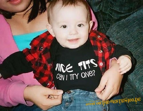 Die besten 100 Bilder in der Kategorie t-shirt_sprueche: Nice Tits - Can I try one? Baby-T-shirt