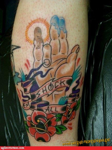 Die besten 100 Bilder in der Kategorie lustige_tattoos: Shock em all - Stinky-Finger - Tattoo