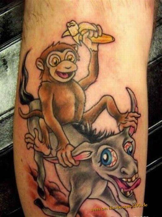 LSD-Tattoo - Affe reitet Esel - monkey on donkey