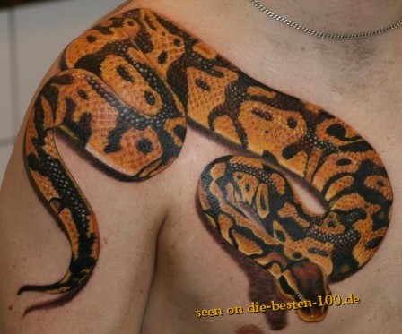 Die besten 100 Bilder in der Kategorie coole_tattoos: Schlange in 3D mit Schatten Tattoo auf Schulter und Brust