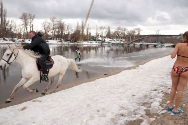 Ein normaler Sommertag in Russland - Pferde-Wasserski