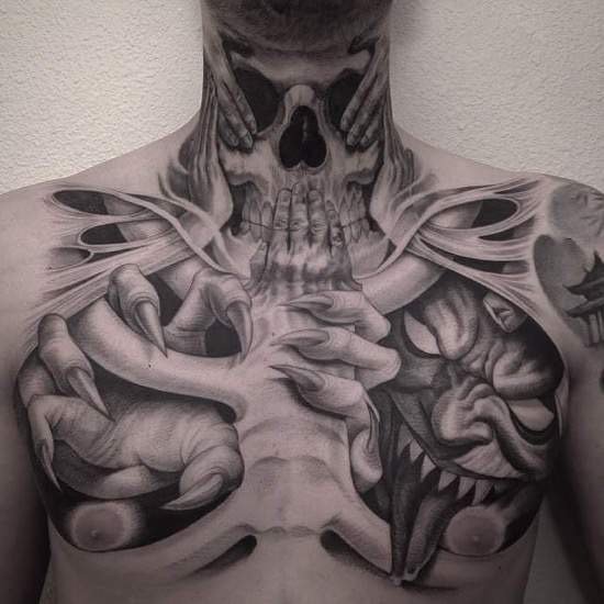 Die besten 100 Bilder in der Kategorie horror_tattoos: Teufel, Tod, 3D, Tattoo, Brust, Hals