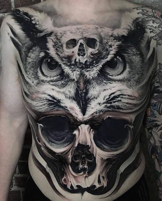 Eule, Totenkopf, Vogel, Horror, Tattoo, Brust, Torso