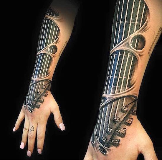 Die besten 100 Bilder in der Kategorie coole_tattoos: Gitarre, Saiten, Musikinstrument, Haut, Tattoo, 3D