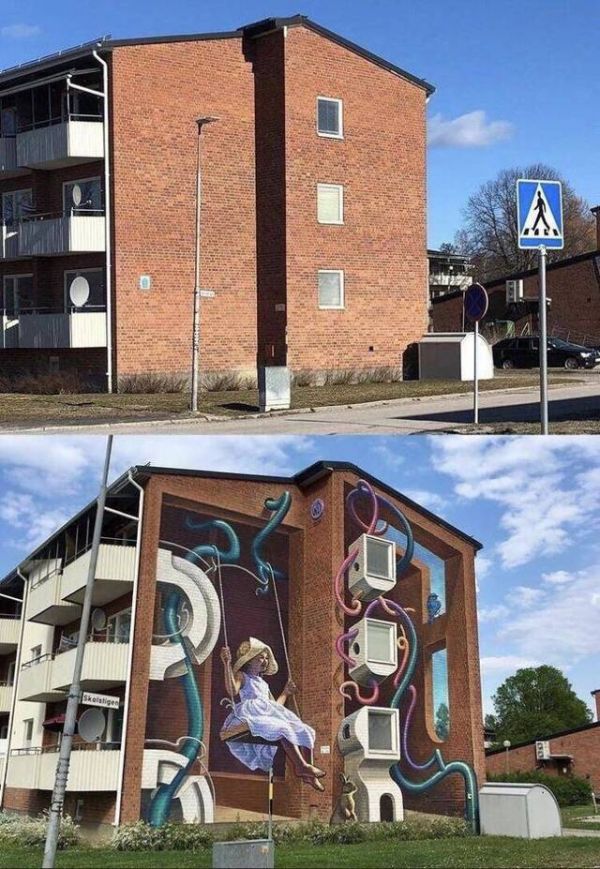 Die besten 100 Bilder in der Kategorie graffiti: Surrealismus, Kunst, Hauswand, optische TÃ¤uschung, Schaukel, Kind