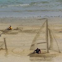 Strand, Meer, Segelboot, 3d, Kunst, Täuschung, Steeg